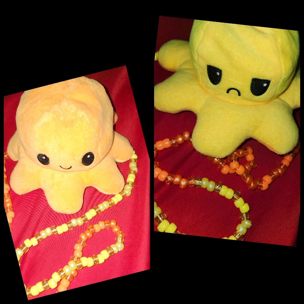 Happy/Sad flip octopus on beaded necklace. PLUR kandi rave